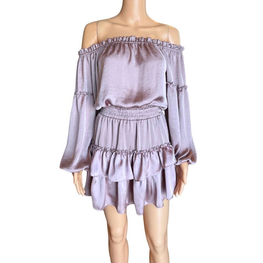 MISA Los Angeles Romi Mauve Satin Tiered Off Shoulder Mini Dress Coquette Boho - Picture 2 of 7